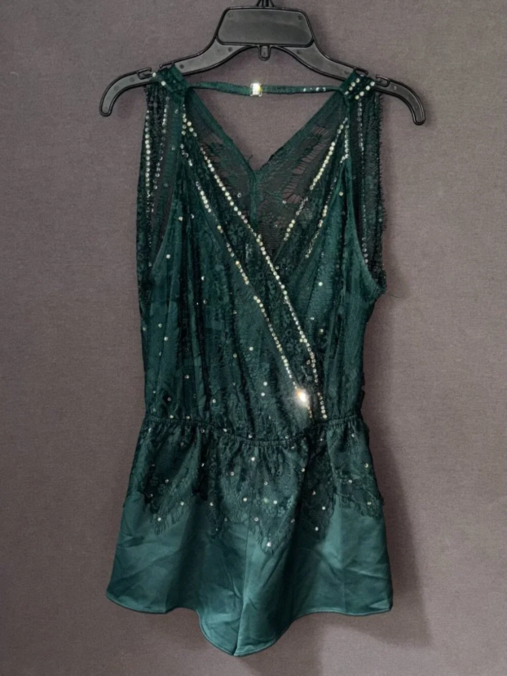 Lulus Promise of Romance Emerald Green Rhinestone Lace Satin Romper Size S